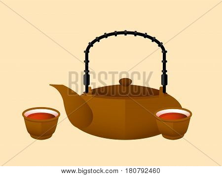 Chinese red tea flat concept with teapot and bowls or pialats on light background isolated vector illustration