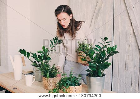 young woman watering flowerpots at home. Casual lifestyle series in modern scandinavian interior
