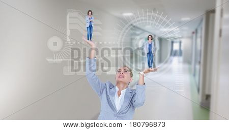 Digital composite of Digital composite image of businesswoman holding executives in hands with symbols