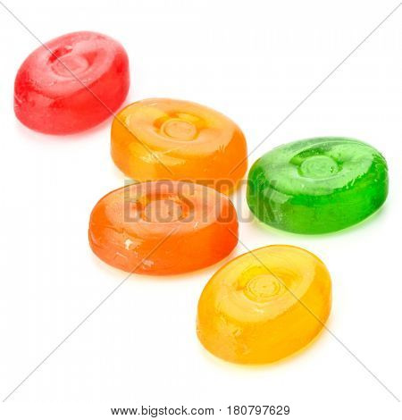 colorful fruit hard sugar candies,  boiled sweeties or sugar plums isolated on white background cutout