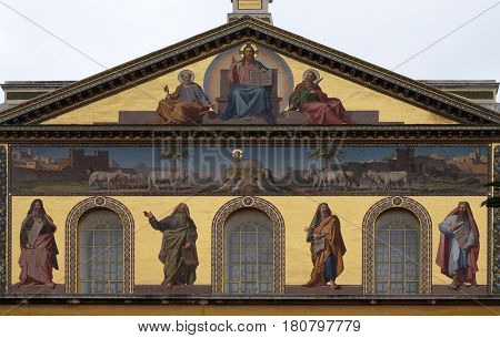 ROME, ITALY - SEPTEMBER 05, 2016: Mosaic of Jesus Christ the Teacher, Saints Peter and Paul and prophets Isaiah, Jeremiah, Ezekiel and Daniel, Basilica of Saint Paul outside the walls, Rome, Italy 
