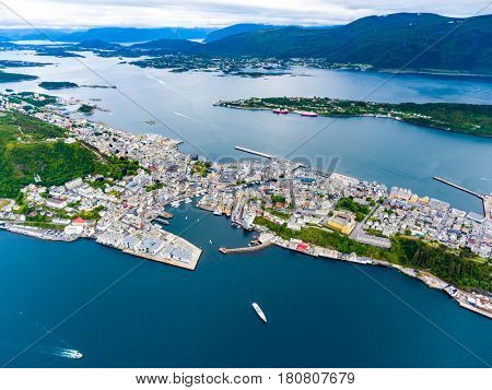 Aksla at the city of Alesund , Norway Aerial footage