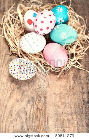 Easter greeting card with colourful Eggs. Easter family holiday and child concept