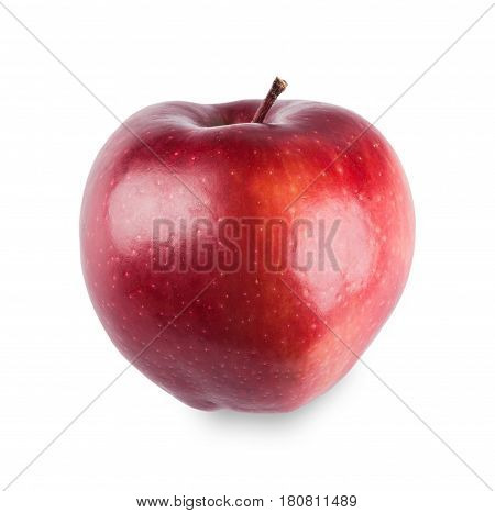 One bright purplish glossy red apple isolated on white background. Closeup image of sweet fruit, healthy natural organic food