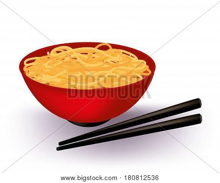 Red bowl of egg noodle with black chopsticks