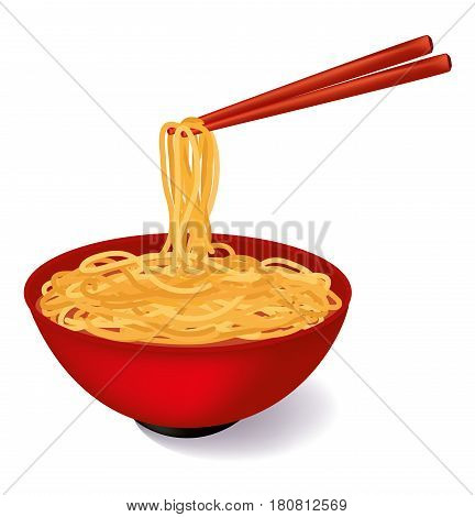 Red bowl of noodles soup on white background