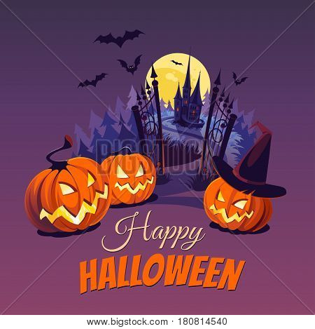 Halloween pumpkins and dark castle on blue Moon background, illustration.
