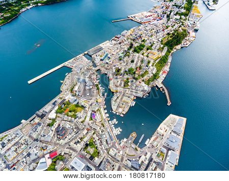 Aksla at the city of Alesund , Norway Aerial footage