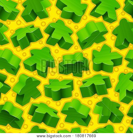 Vector board games background of green meeples. Seamless pattern of wooden pieces for gift wrapping or wallpaper