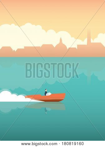 Summer vacation or holiday poster with elegant man in fast speedboat with Venice or other historical monument cityscape. Eps10 vector illustration.