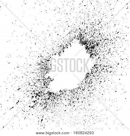 Acrylic black explosion paint splatter. Small drops spots isolated on white background. Spray stains abstract background art vector illustration. Grainy abstract holiday illustration