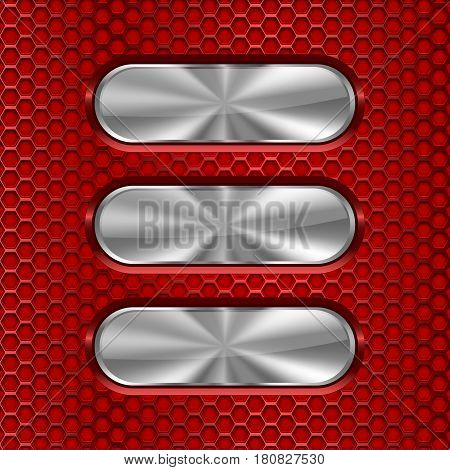Metal oval brushed plates on red perforated background. Vector 3d illustration