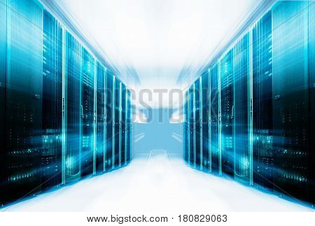 symmetrical futuristic modern server room in the data center with a bright light