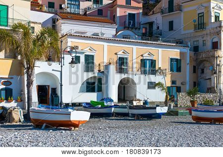 Italy Amalfitana Coast Cetara boats on the beach of the old village