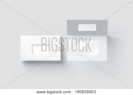 Blank white plastic card mockup inside paper booklet holder with window top view 3d rendering. Clear loyalty program folded brochure with certificate mock up opened and closed.