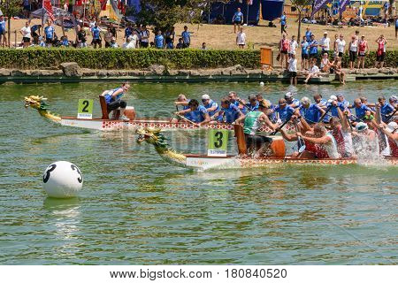 Rome Italy - July 30 2016: Dragon boat crews compete at the european championships held in Italy in 2016 summer Hungary vs Italy race