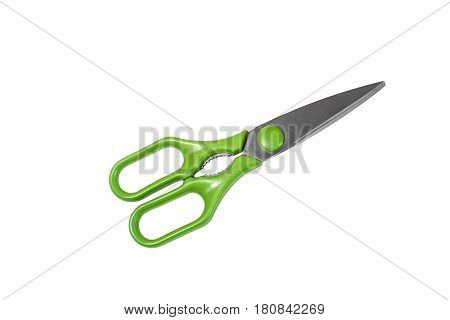 Kitchen scissors with a green plastic handle on a white background