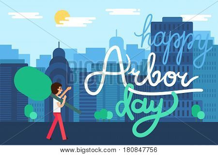Save Our Planet Concept in city. Arbor Day Greeting for sticker banner and flyer. Vector