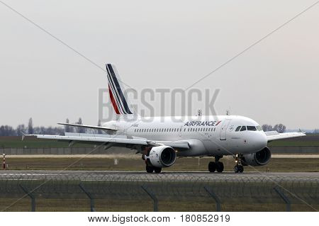 Borispol, Ukraine - March 25, 2017: Air France Airbus A319-111 aircraft landing on the runway to Borispol International Airport on March 25, 2017. Editorial use only