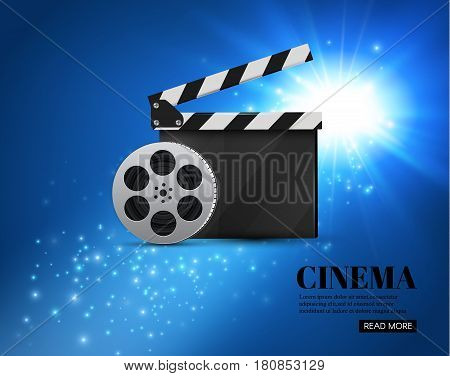 Cinema Background With Movie.Blue background with light star.Clapper Board. Vector Flyer Or Poster. Illustration Of Film Industry. Template For Your Design