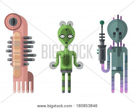 Set of different funny cartoon monsters cute alien characters and creature happy illustration devil colorful animal vector. Halloween cool gesture face bacteria or comic viruses.