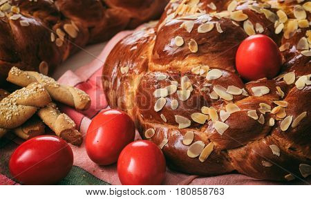 Easter Bread And Eggs On A Table