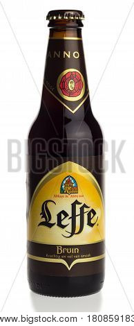 GRONINGEN, NETHERLANDS - APRIL 07, 2017: Bottle of Belgian Leffe Blond beer isolated on a white background