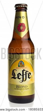 GRONINGEN, NETHERLANDS - APRIL 07, 2017: Bottle of Belgian Leffe Blond beer isolated on a white background