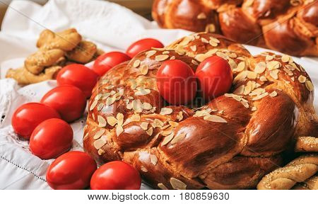 Easter Bread And Eggs On A Table