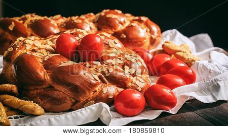 Easter Bread And Eggs On A Table