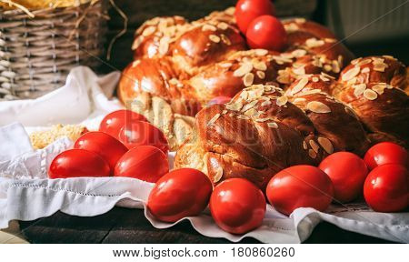 Easter Bread And Eggs On A Table