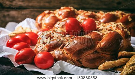 Easter Bread And Eggs On A Table