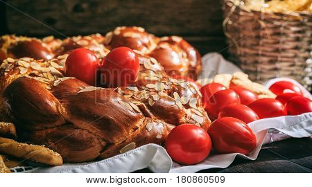 Easter Bread And Eggs On A Table
