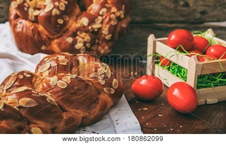Easter Bread And Eggs On A Table