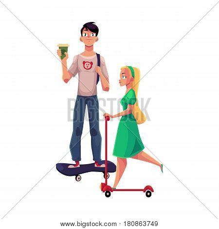 Girl, woman riding push noun and boy, man standing on skateboard, personal urban transport, cartoon vector illustration isolated on white background. Girl riding kick noun, man on skateboard