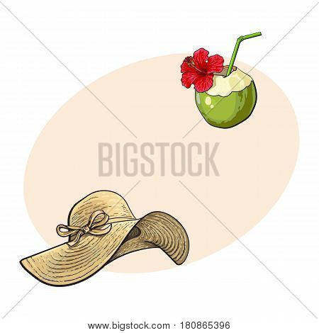Floppy straw hat and coconut cocktail, drink, summer objects, sketch vector illustration with space for text. Hand drawn straw hat and coconut drink, summer, beach vacation