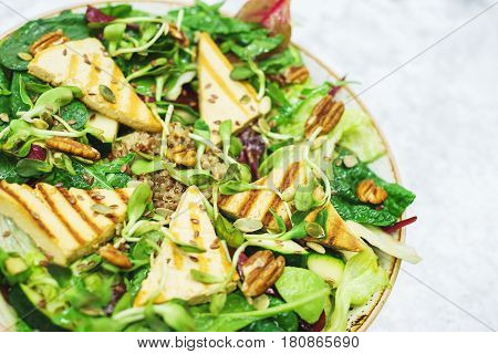 Delicious vegetarian salad with tofu, kinoa and vegetables. A plate of tasty and healthy food - vitamins and health. Soft focus.