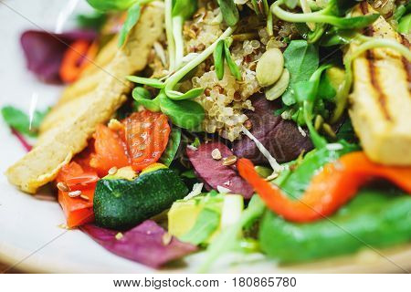Delicious vegetarian salad with tofu, kinoa and vegetables. A plate of tasty and healthy food - vitamins and health. Soft focus.