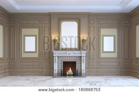 A classic interior with wood paneling by art frames and fireplace. 3d rendering.