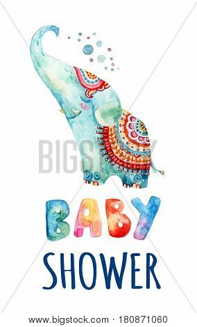 Watercolor lovely indian elephant on white background. Cute cartoon animal with bubbles dots hearts. Baby shower - concept for childish kids design. Hand painted boyish illustration