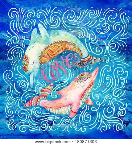 Watercolor pair of lovely dolphins surrounded by doodle wave dots dash on night background. Love concept in cartoon style. Hand painted cute animal illustration