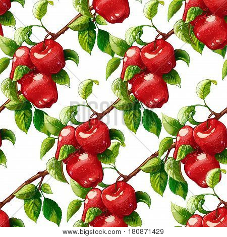 Red apples seamless pattern. Raster illustration. Artistic natural food background. Apple branches illustration. Recomended for textile, packaging, paper, interior or advertising design.