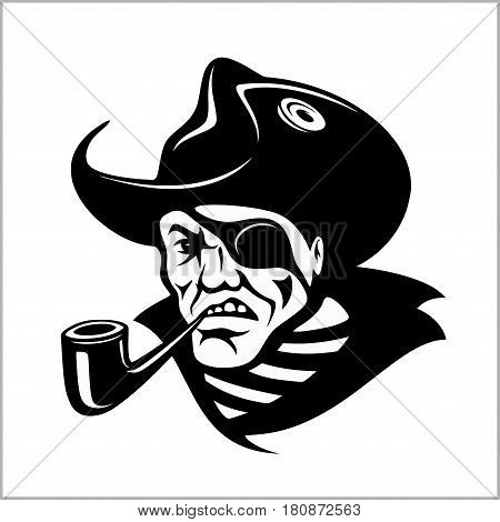 Angry pirate with pipe portrait. Vector pirate illustration. Isolated on white.