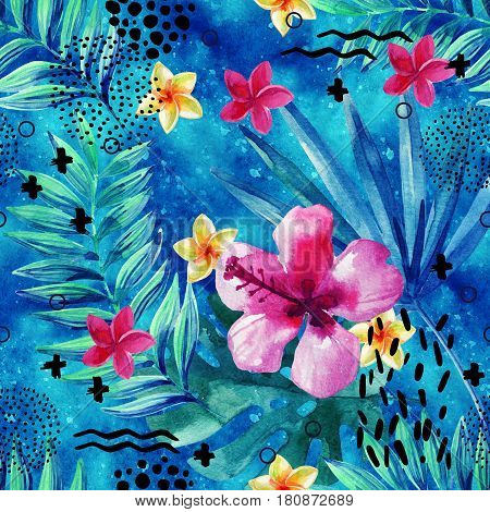 Abstract tropical summer seamless pattern in minimal style. Watercolor exotic flower palm leaf grunge textures doodles. Water color flowers on night sky background. Hand painted floral illustration