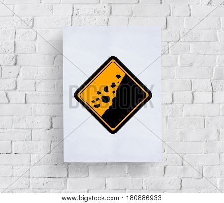 Rockfall Beware Sign Attention Banner Put in Concrete Wall