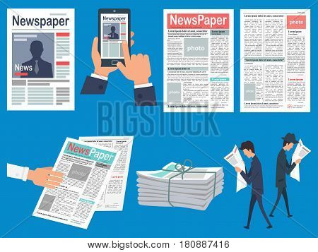 Newspapers headlines concepts set. Newspaper front page on mobile phone screen and human hands vector.  Walking people reading gazette news flat illustration. Bound bundle of newssheets for sale