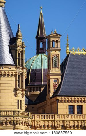 Schwerin Palace or Schwerin Castle details of the palatial schloss in romantic historicism architecture Mecklenburg-Vorpommern northern Germany Europe