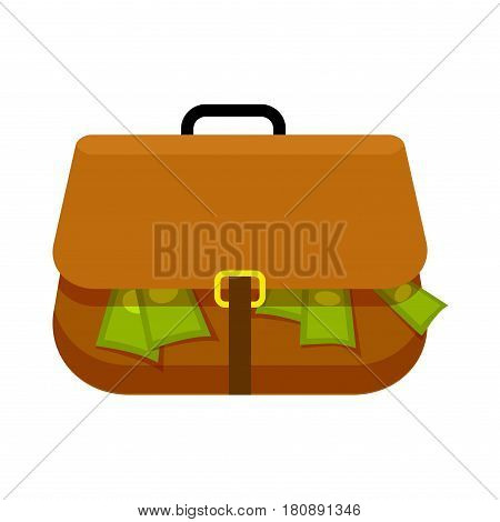 Brown briefcase full of green money flat theme on white background. Replete bag with black handle and yellow buckle. Vector illustration in cartoon style for infographics, web sites, mobile app.