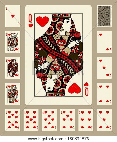 Playing cards of Hearts suit in vintage style. Original design