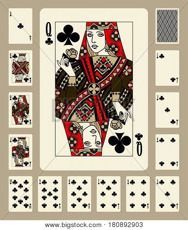 Playing cards of Clubs suit in vintage style. Original design